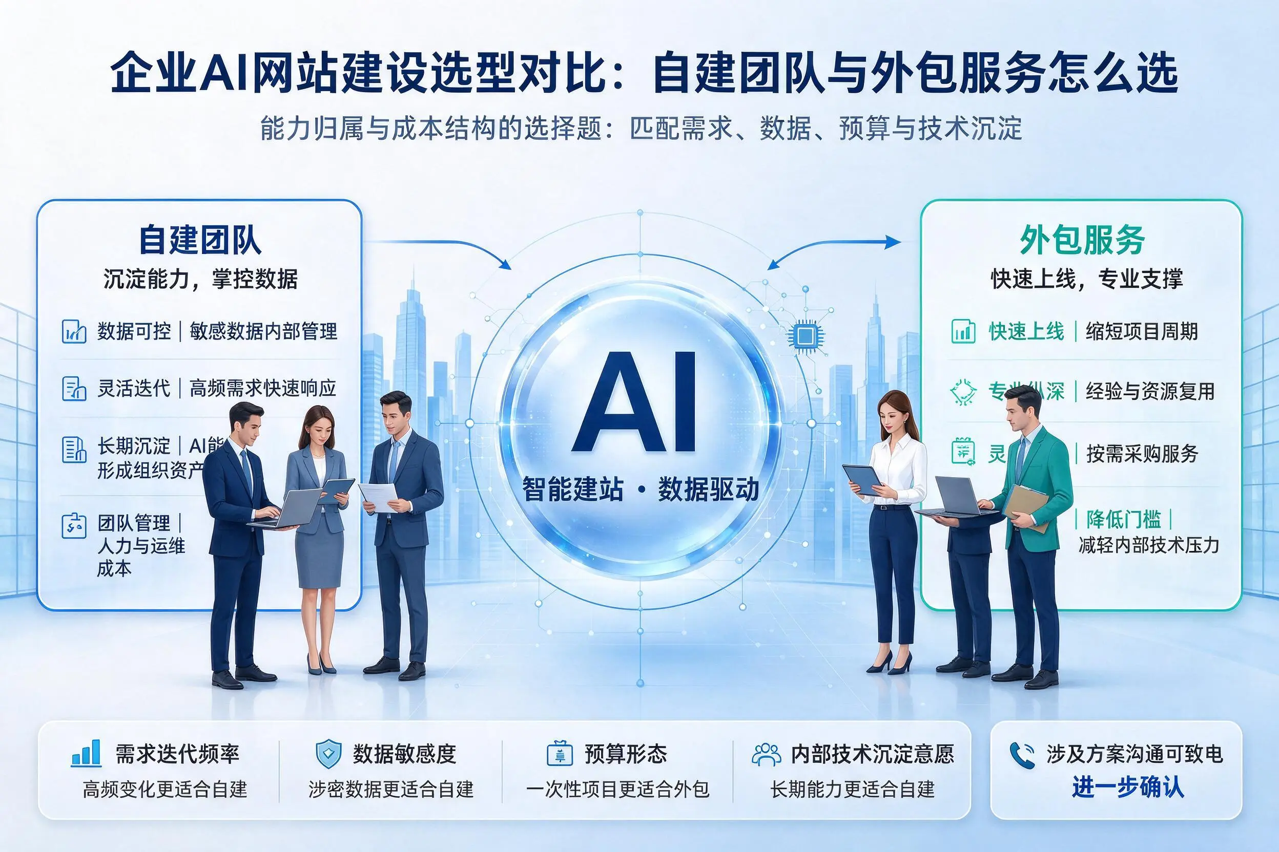 贵港企业AI网站建设选型对比：自建团队与外包服务怎么选